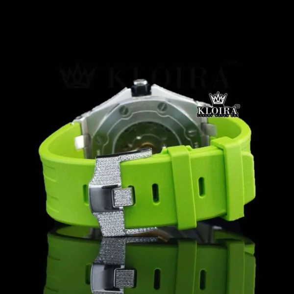 White Dial Green Rubber Strap Iced Out Moissanite Diamond Watch Bracelet View