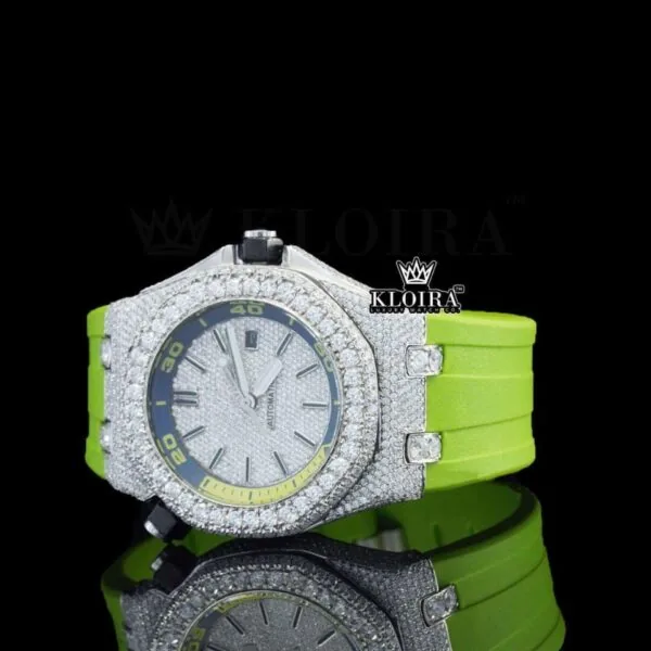 White Dial Green Rubber Strap Iced Out Moissanite Diamond Watch Left Profile View