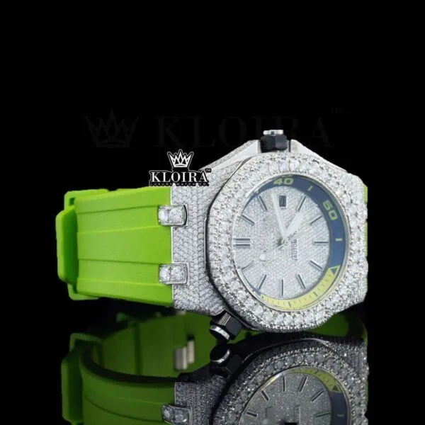 White Dial Green Rubber Strap Iced Out Moissanite Diamond Watch Right Profile View