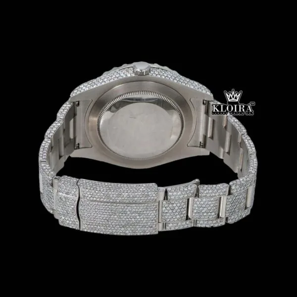 White Dial Rainbow Markers Fully Iced Out Moissanite Diamond Watch Caseback View