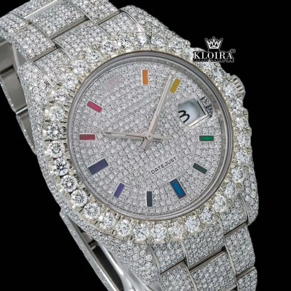 White Dial Rainbow Markers Fully Iced Out Moissanite Diamond Watch Close Up Dial View