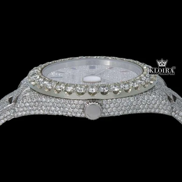 White Dial Rainbow Markers Fully Iced Out Moissanite Diamond Watch Crown View