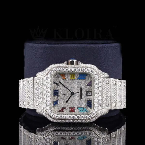 White Dial Rainbow Roman Numerals Fully Iced Moissanite Diamond Watch Close Up Front View