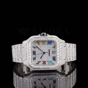 White Dial Rainbow Roman Numerals Fully Iced Moissanite Diamond Watch