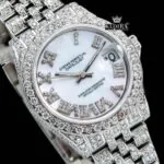 White Dial Roman Numeral Fully Iced Out Moissanite Diamond Watch Close Up Dial View