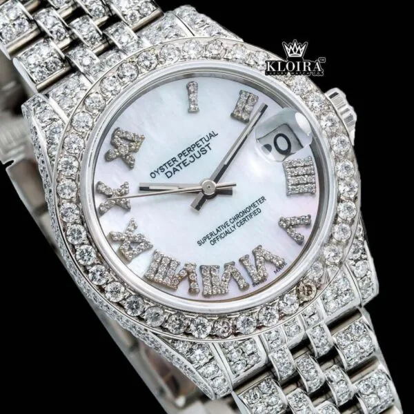 White Dial Roman Numeral Fully Iced Out Moissanite Diamond Watch Close Up Dial View