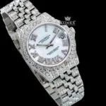 White Dial Roman Numeral Fully Iced Out Moissanite Diamond Watch Close Up Front View