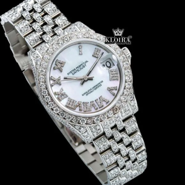 White Dial Roman Numeral Fully Iced Out Moissanite Diamond Watch Close Up Front View