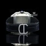 White Dial Roman Numerals Black Leather Strap Moissanite Diamond Watch Caseback View
