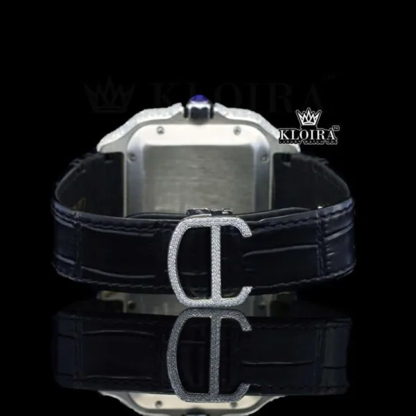 White Dial Roman Numerals Black Leather Strap Moissanite Diamond Watch Caseback View