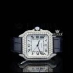 White Dial Roman Numerals Black Leather Strap Moissanite Diamond Watch