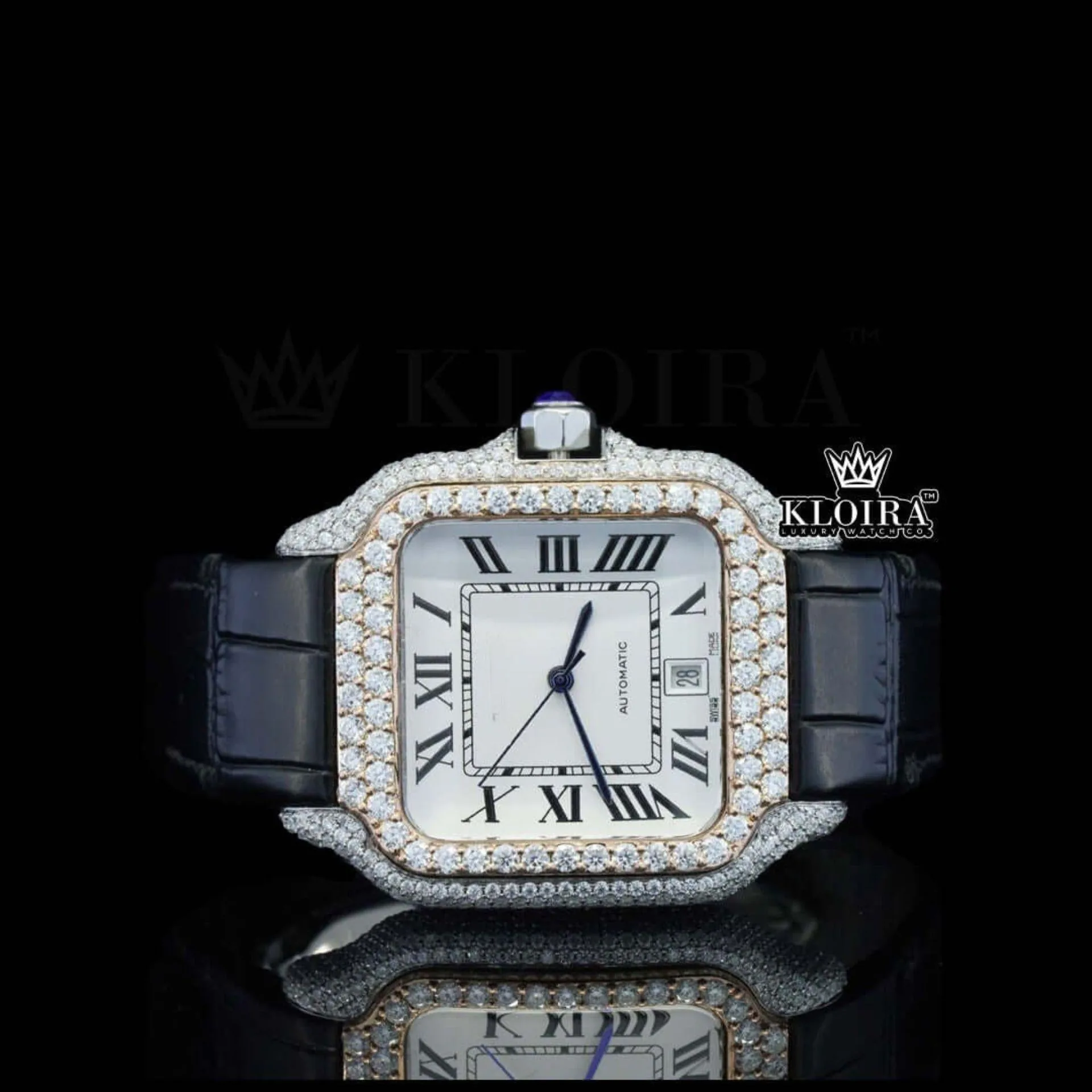 White Dial Roman Numerals Black Leather Strap Moissanite Diamond Watch Front View