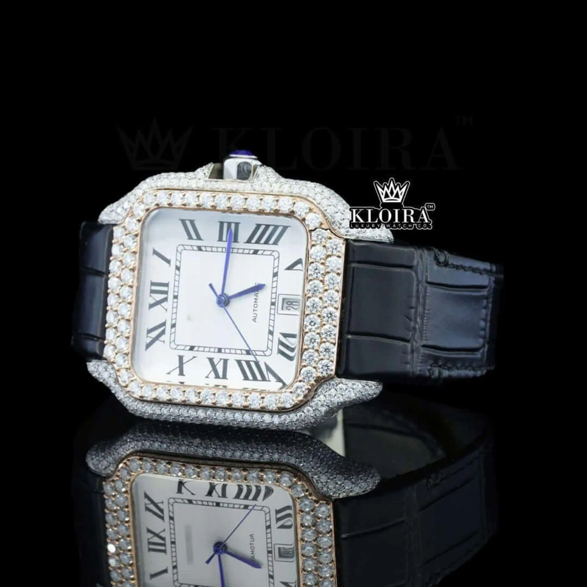 White Dial Roman Numerals Black Leather Strap Moissanite Diamond Watch Left Profile View