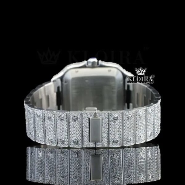 White Dial Roman Numerals Blue Hands Fully Iced Out Moissanite Watch Caseback View