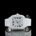 White Dial Roman Numerals Blue Hands Fully Iced Out Moissanite Watch