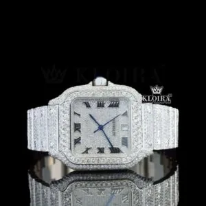 White Dial Roman Numerals Blue Hands Fully Iced Out Moissanite Watch