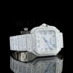 White Dial Roman Numerals Blue Hands Fully Iced Out Moissanite Watch Right Profile View