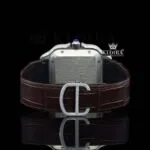 White Dial Roman Numerals Brown Leather Strap Moissanite Diamond Watch Caseback View