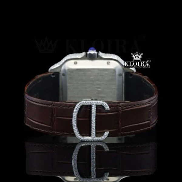 White Dial Roman Numerals Brown Leather Strap Moissanite Diamond Watch Caseback View