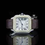 White Dial Roman Numerals Brown Leather Strap Moissanite Diamond Watch