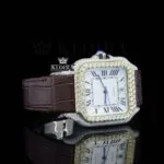 White Dial Roman Numerals Brown Leather Strap Moissanite Diamond Watch Right Profile View