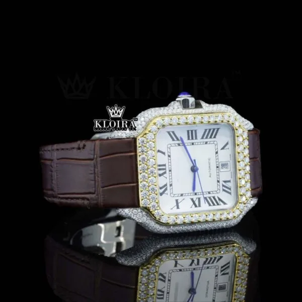 White Dial Roman Numerals Brown Leather Strap Moissanite Diamond Watch Right Profile View