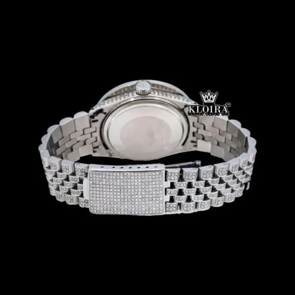 White Dial Roman Numerals Diamond Link Strap Moissanite Watch Caseback View
