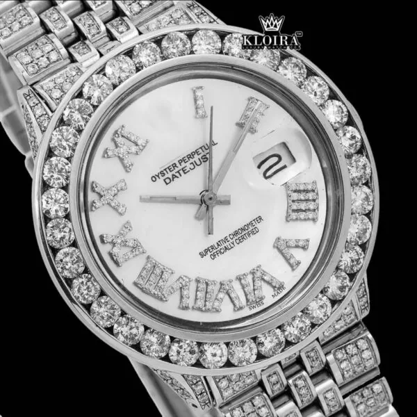 White Dial Roman Numerals Diamond Link Strap Moissanite Watch Close Up Dial View