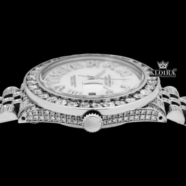 White Dial Roman Numerals Diamond Link Strap Moissanite Watch Crown View