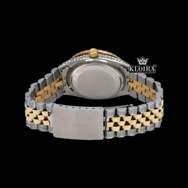 White Dial Roman Numerals Two Tone Moissanite Diamond Watch Caseback View
