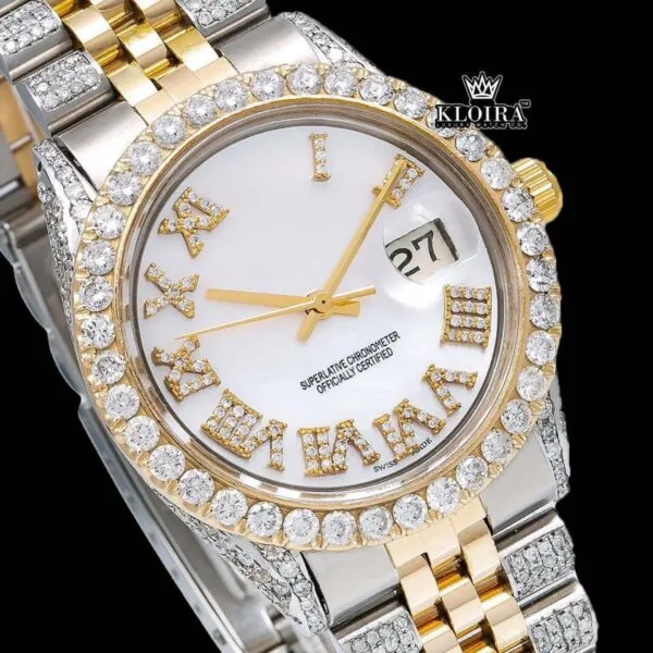 White Dial Roman Numerals Two Tone Moissanite Diamond Watch Close Up Dial View