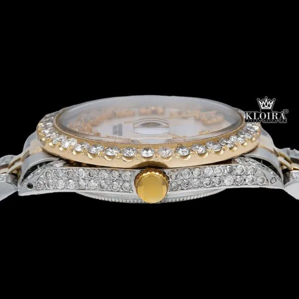 White Dial Roman Numerals Two Tone Moissanite Diamond Watch Crown View