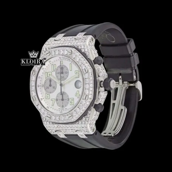 White Dial Standard Numerals Chronograph Semi Iced Moissanite Diamond Watch Close Up Dial View