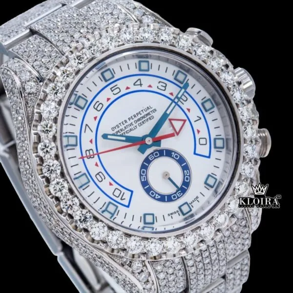 White Dial Standard Numerals Fully Iced Out Moissanite Watch Close Up Dial View