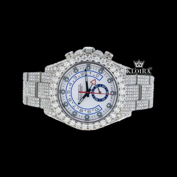 White Dial Standard Numerals Fully Iced Out Moissanite Watch Close Up Front View
