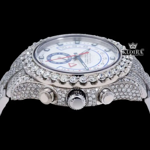 White Dial Standard Numerals Fully Iced Out Moissanite Watch Crown View