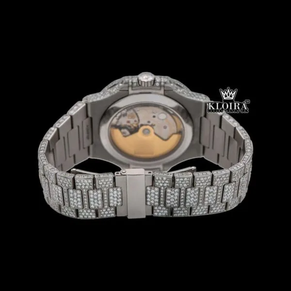 White Dial Stick Markers Moonphase Fully Iced Out Moissanite Diamond Watch Caseback View