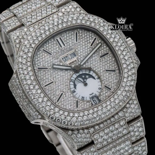 White Dial Stick Markers Moonphase Fully Iced Out Moissanite Diamond Watch Close Up Dial View