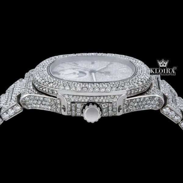White Dial Stick Markers Moonphase Fully Iced Out Moissanite Diamond Watch Crown View
