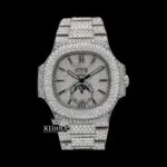 White Dial Stick Markers Moonphase Fully Iced Out Moissanite Diamond Watch