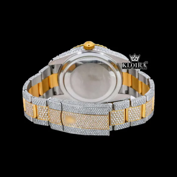 White Dial Two Tone Gold Silver Dual Time Fully Iced Out Moissanite Watch Caseback View