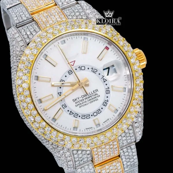White Dial Two Tone Gold Silver Dual Time Fully Iced Out Moissanite Watch Close Up Dial View