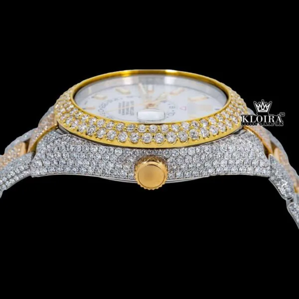 White Dial Two Tone Gold Silver Dual Time Fully Iced Out Moissanite Watch Crown View
