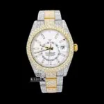 White Dial Two Tone Gold Silver Dual Time Fully Iced Out Moissanite Watch