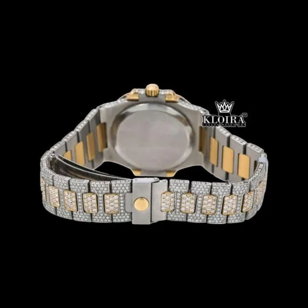 White Dial Yellow Stick Markers Fully Iced Out Moissanite Diamond Watch Caseback View