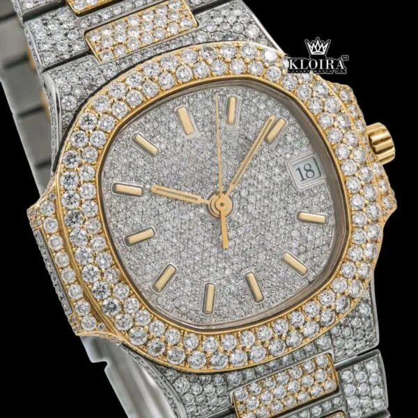 White Dial Yellow Stick Markers Fully Iced Out Moissanite Diamond Watch Close Up Dial View