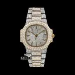 White Dial Yellow Stick Markers Fully Iced Out Moissanite Diamond Watch