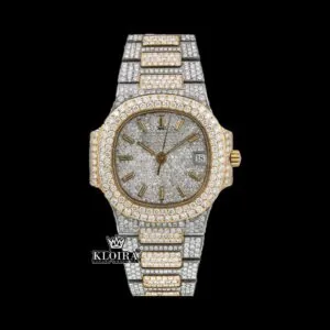 White Dial Yellow Stick Markers Fully Iced Out Moissanite Diamond Watch