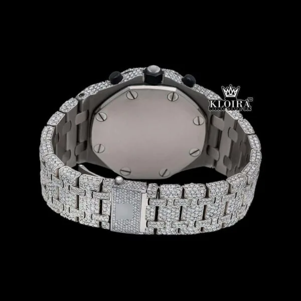 White Gold Iced Out Chronograph Moissanite Diamond Watch Caseback View