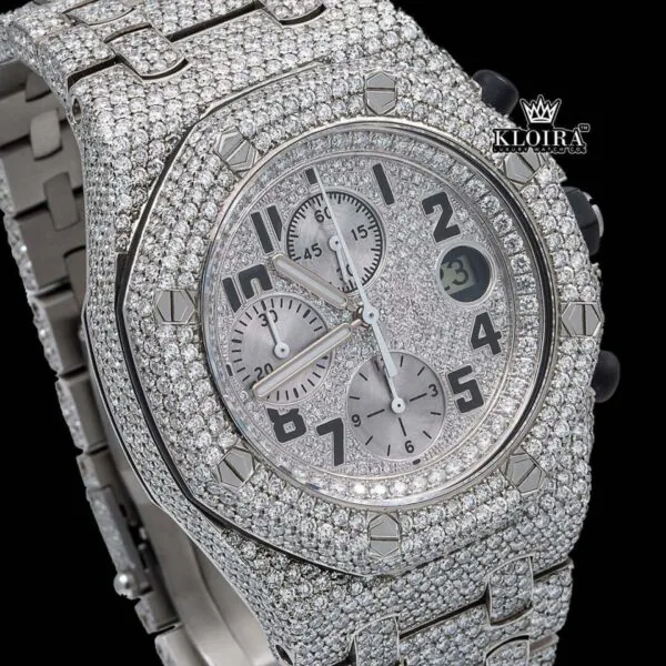 White Gold Iced Out Chronograph Moissanite Diamond Watch Close Up Dial View